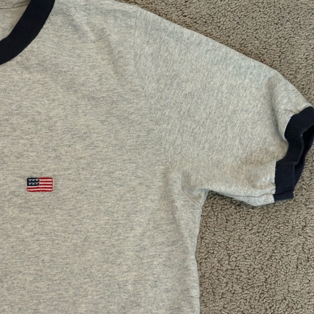 Like New, Brandy Melville, California Gray T-Shirt with Navy Trim and Flag Patch